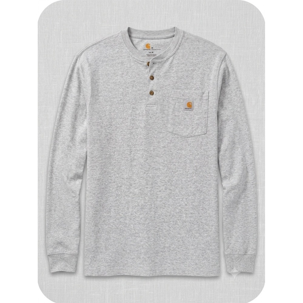 Carhartt Mens Long Sleeve Henley Pocket T-Shirt Gray Original Fit Size M